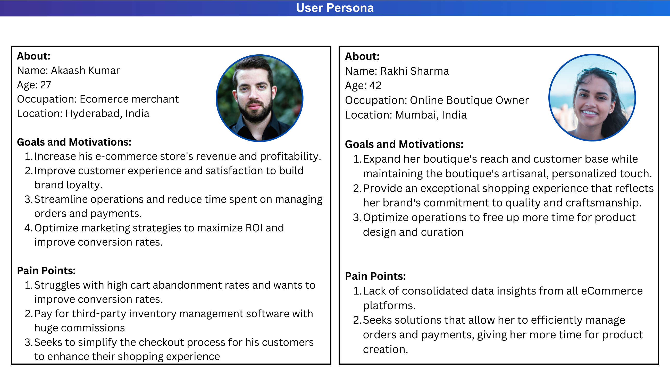 Two merchant personas: Akaash (e-commerce merchant) and Rakhi (boutique owner)