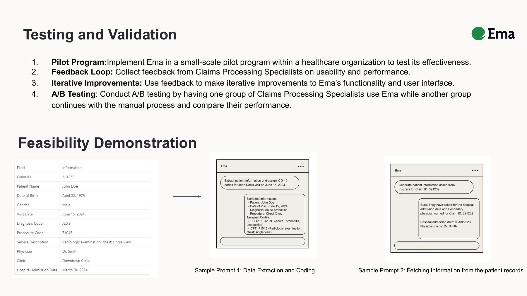 Feasibility demo showing Ema extracting ICD-10 codes from a synthetic patient record