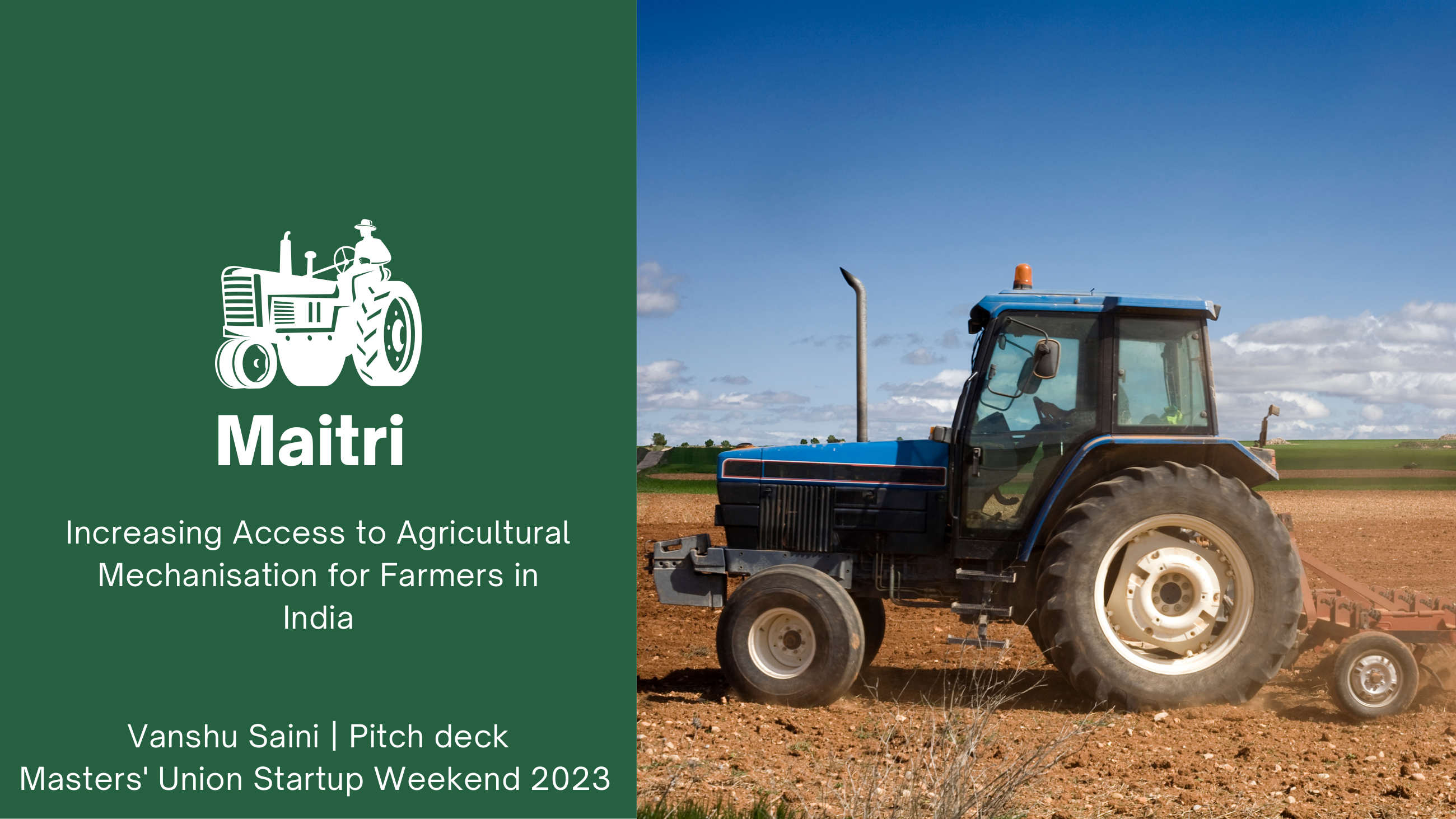 Maitri pitch deck cover — tractor in field representing Indian agricultural mechanisation